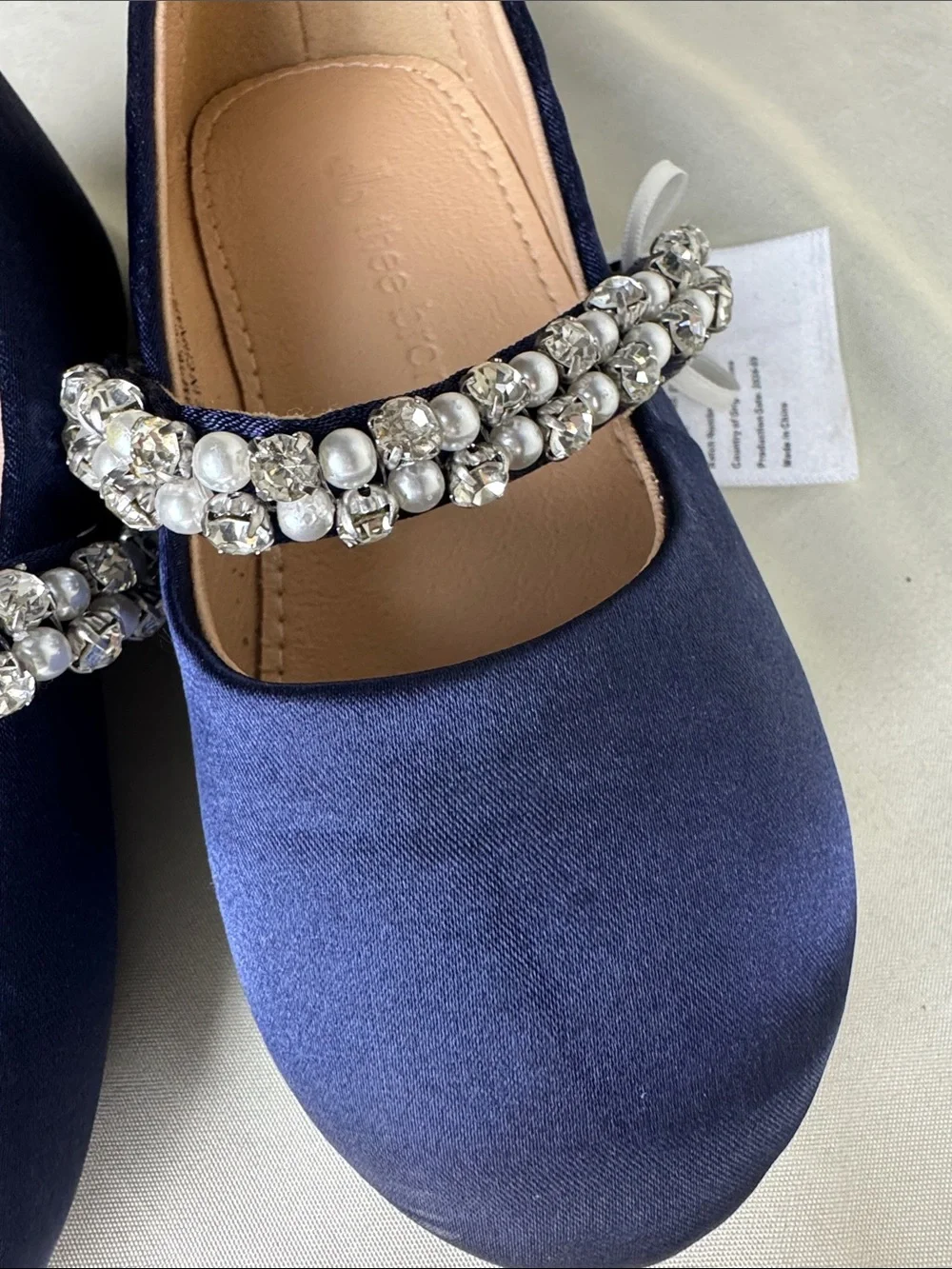 Girls' Navy Satin Mary Jane Dress Shoes with Pearl & Rhinestone Strap